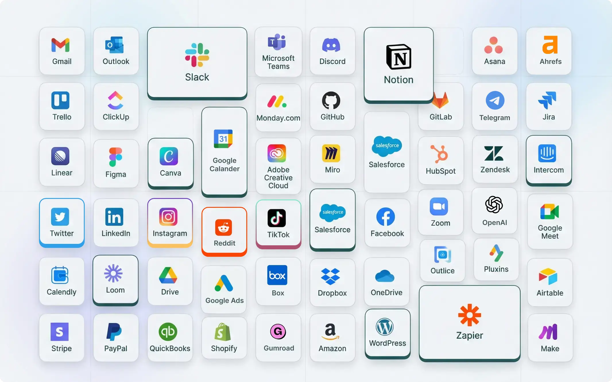 SureThing integrations grid with apps including Slack, Notion, Gmail, LinkedIn, Instagram, and Zapier
